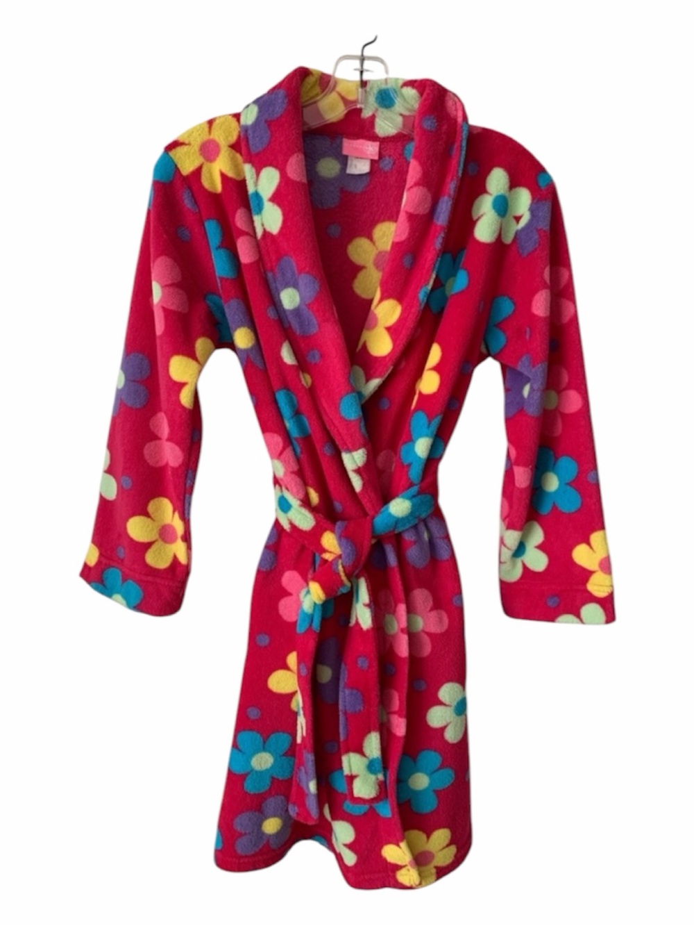 J. Khaki Girl Pink Daisy Floral Plush Fleece Bathrobe Waist Tie Robe Sz 12 14 16